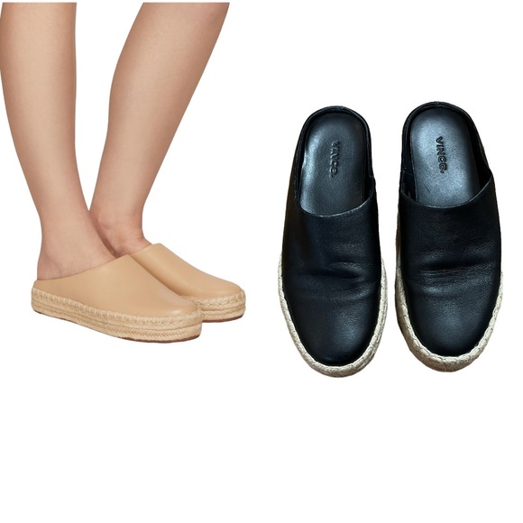 Vince Shoes - Vince Ulla Platform Black Leather Espadrille Mules